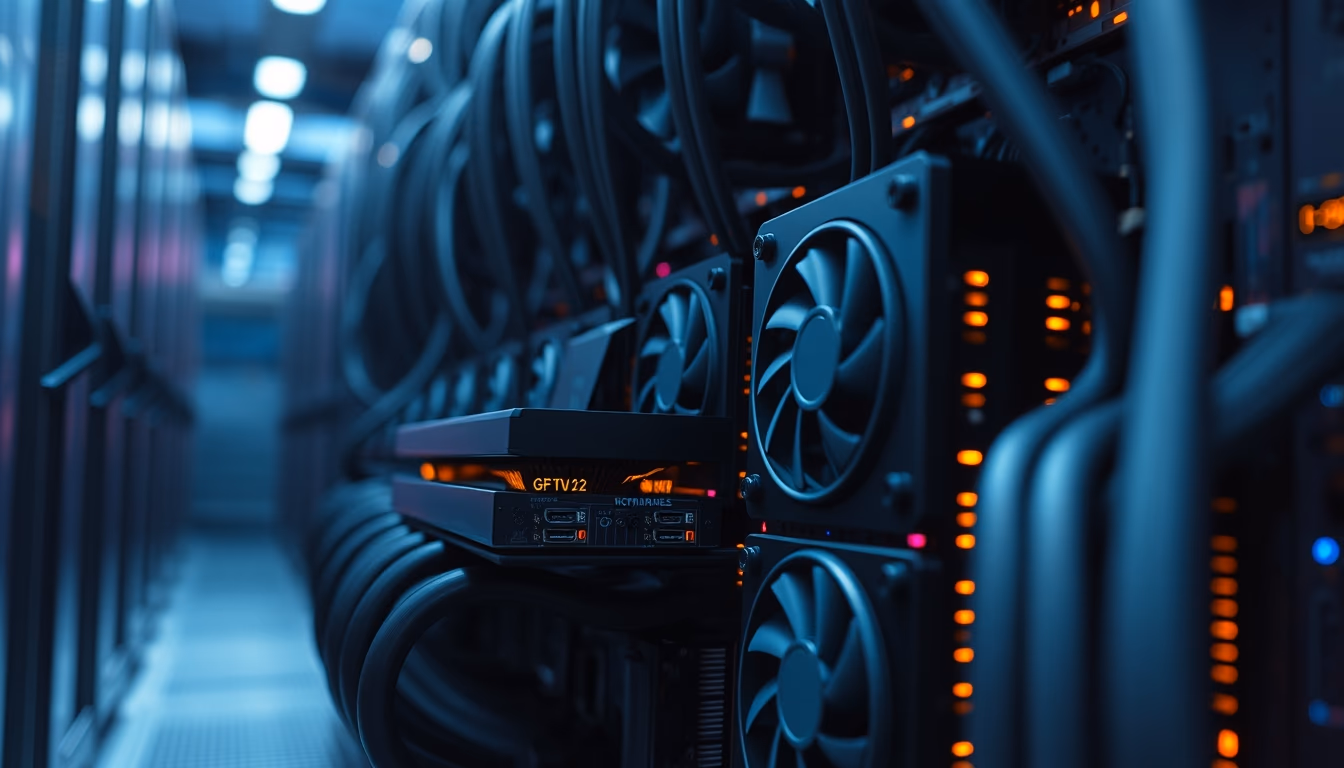 GPU cluster in cooling data center in editorial style
