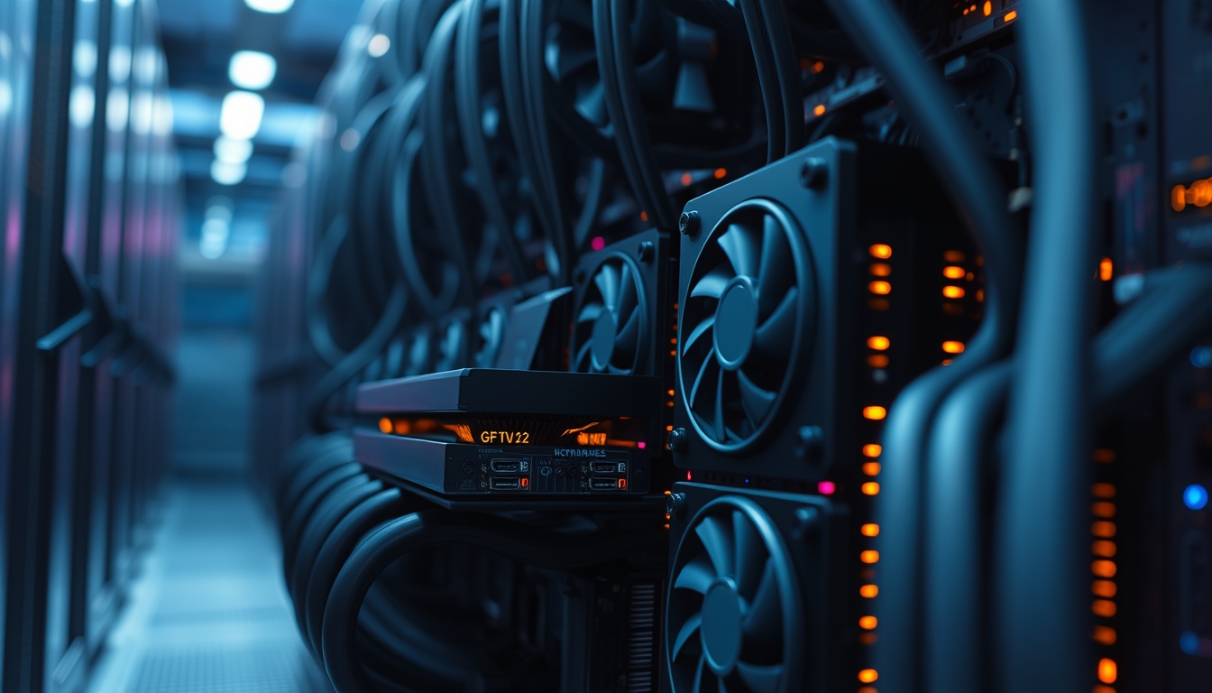 Cluster de GPUs em data center refrigerado em estilo editorial