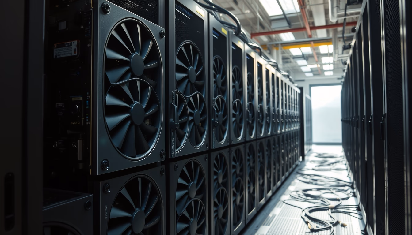 GPU cluster in cooling data center in editorial style