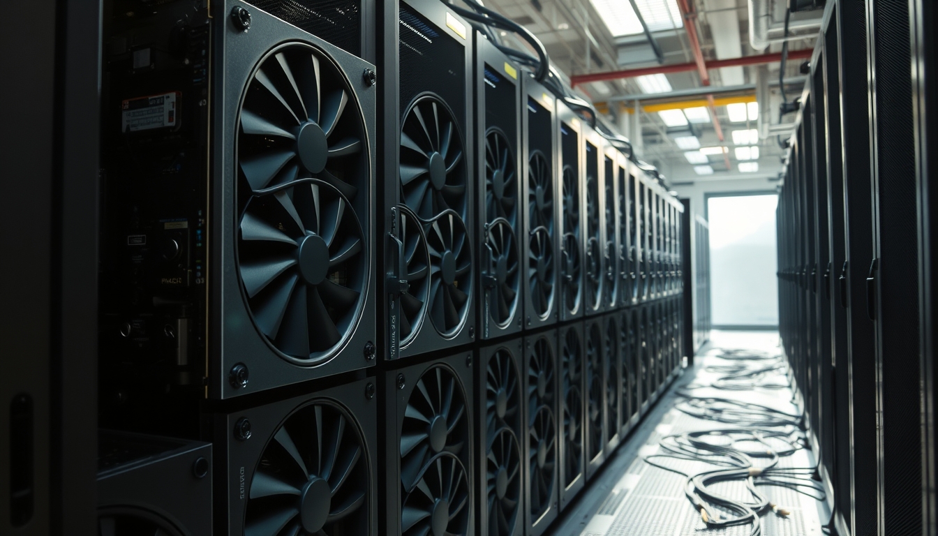 Cluster de GPUs em data center refrigerado em estilo editorial