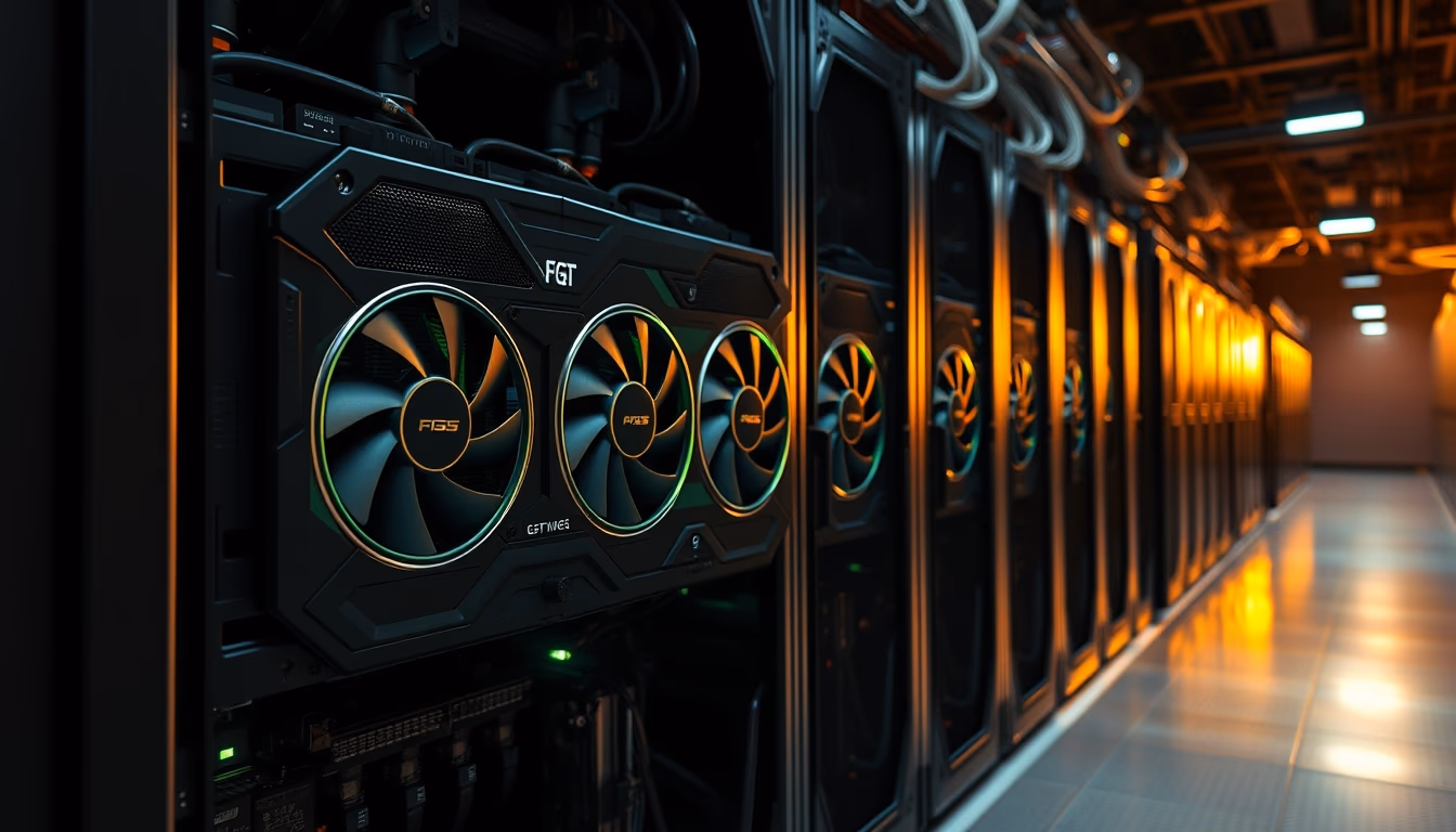 GPU cluster in cooling data center in editorial style