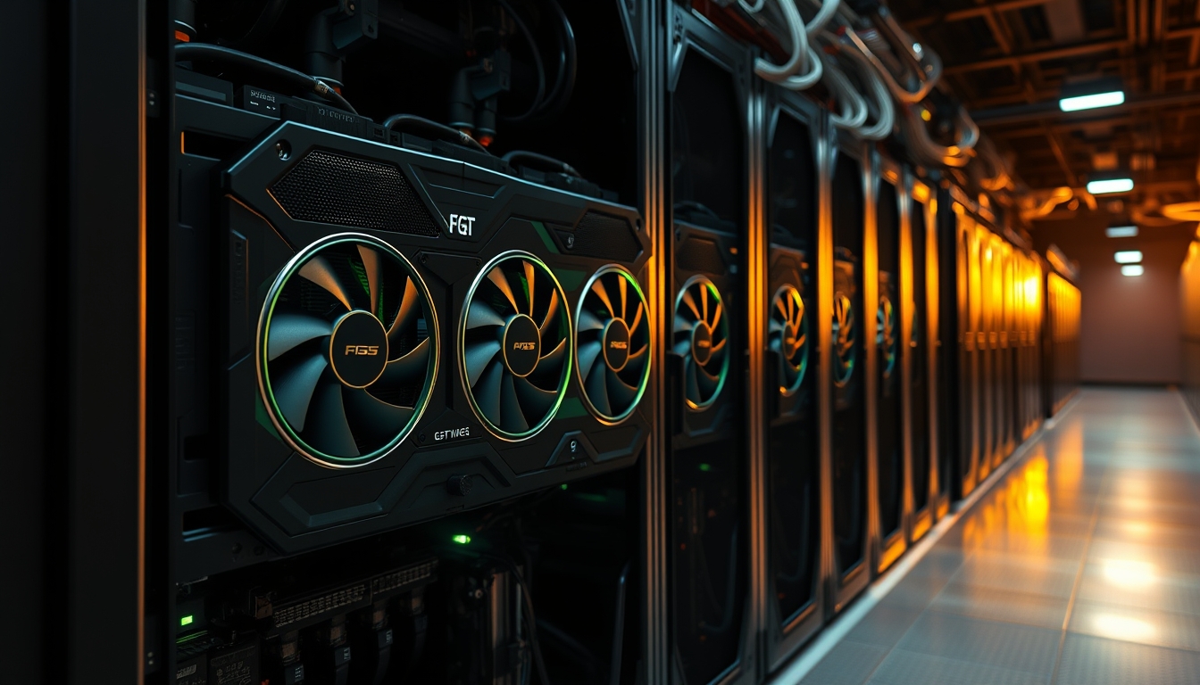 Cluster de GPUs em data center refrigerado em estilo editorial