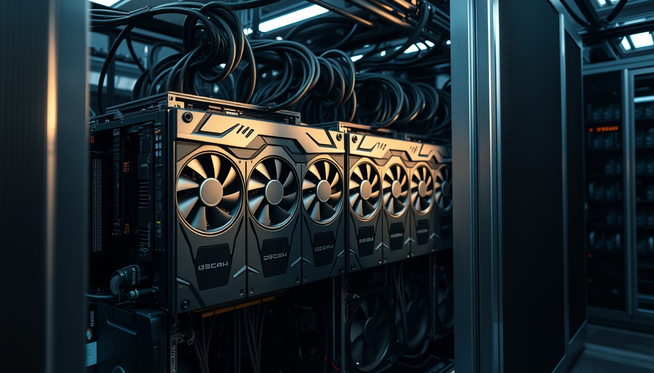 Cluster de GPUs em data center refrigerado em estilo editorial