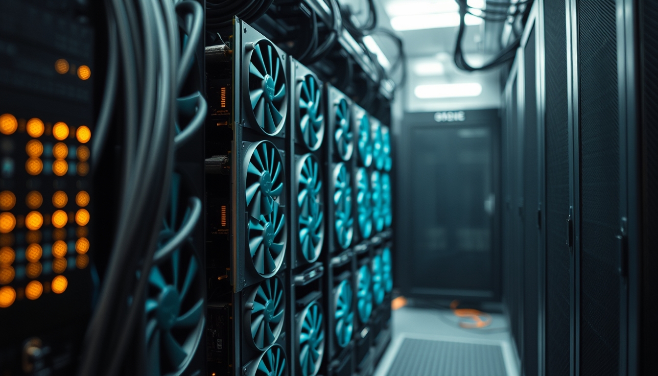 Cluster de GPUs em data center refrigerado em estilo editorial