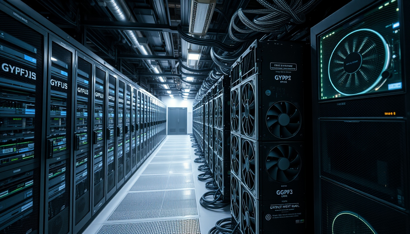 Cluster de GPUs em data center refrigerado em estilo editorial