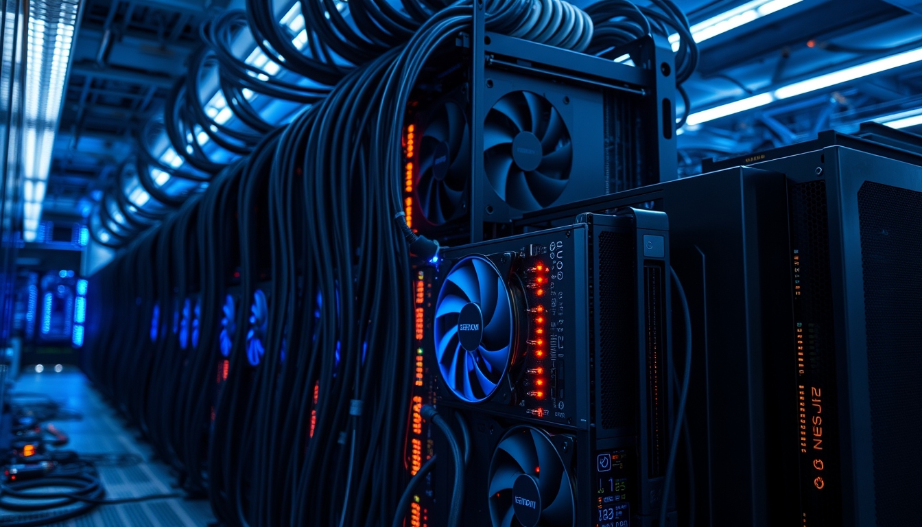 Cluster de GPUs em data center refrigerado em estilo editorial