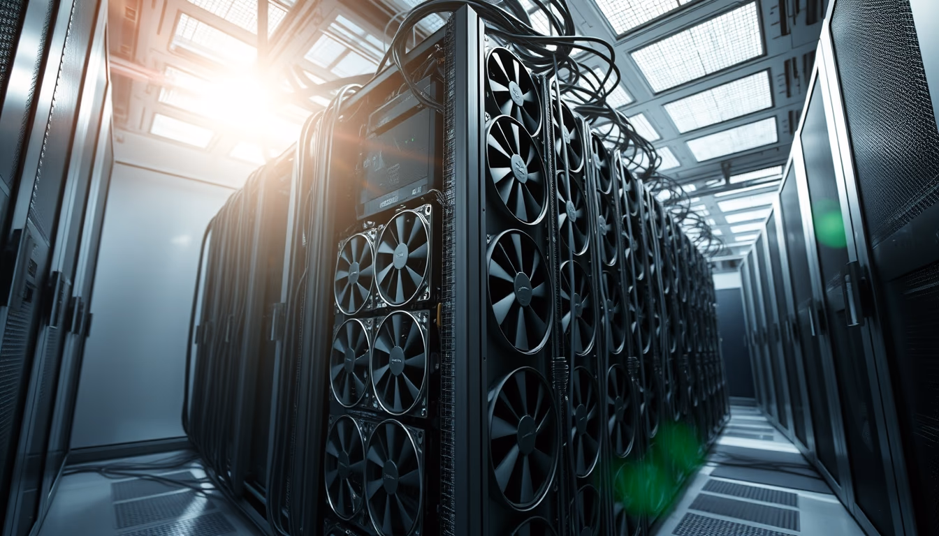 GPU cluster in cooling data center in editorial style