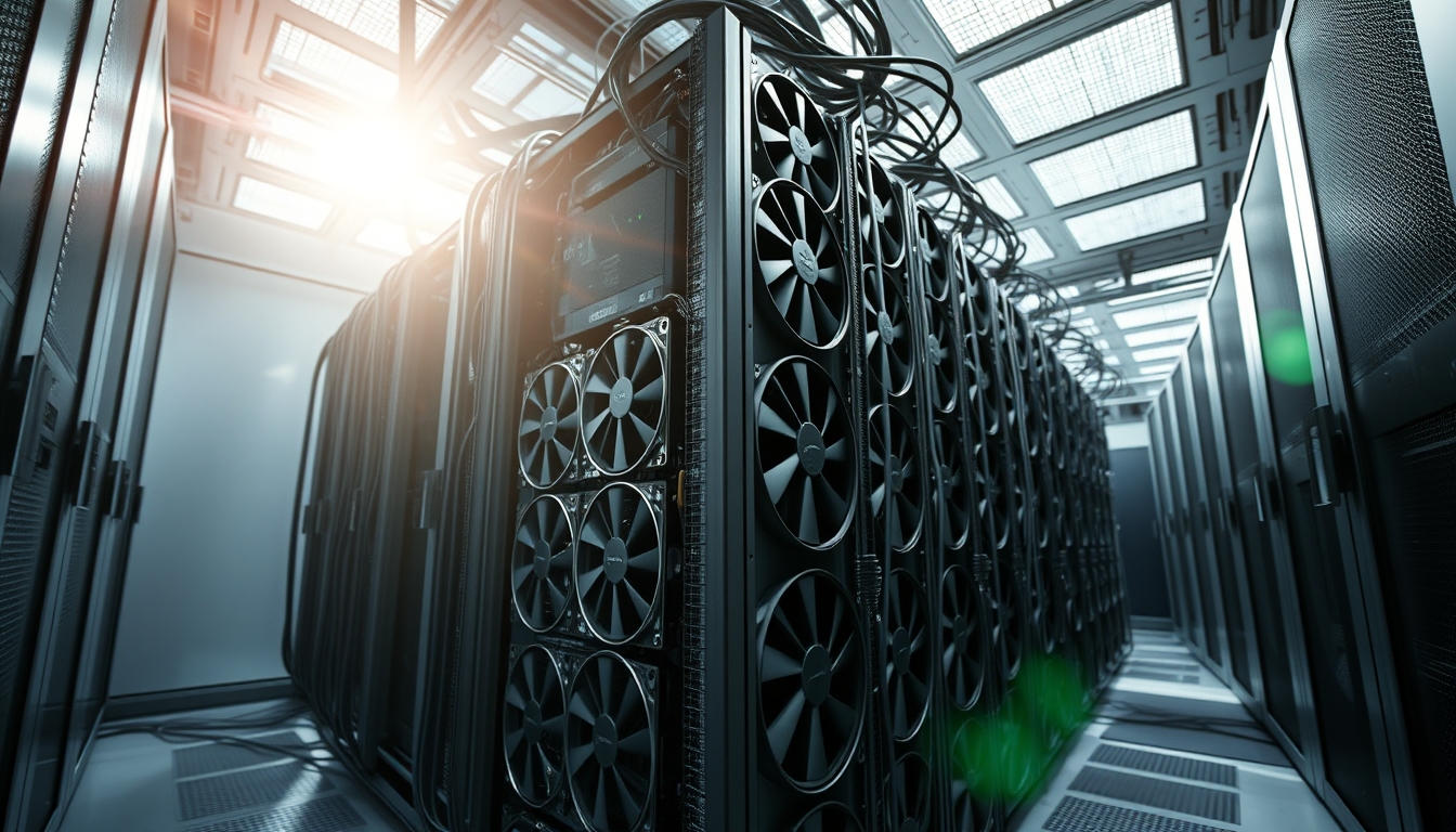 Cluster de GPUs em data center refrigerado em estilo editorial