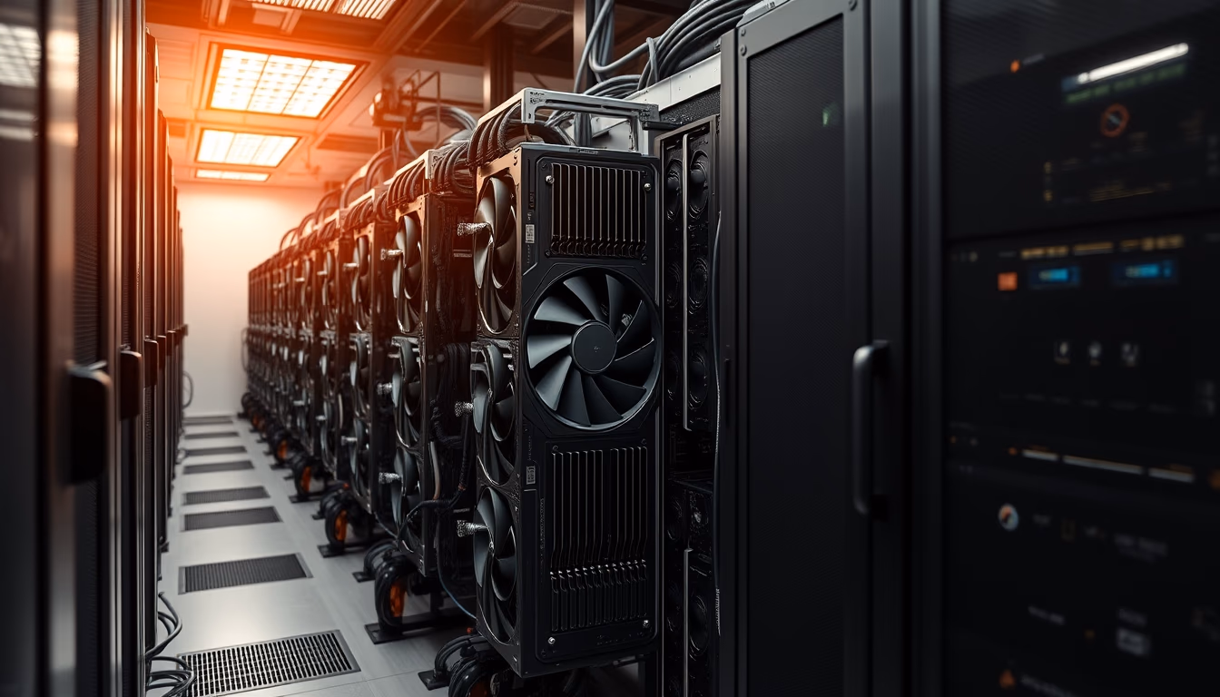 GPU cluster in cooling data center in editorial style