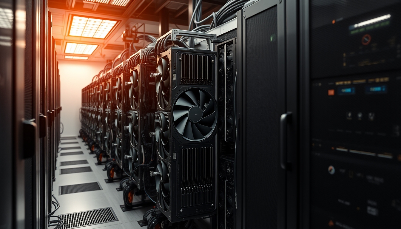 Cluster de GPUs em data center refrigerado em estilo editorial
