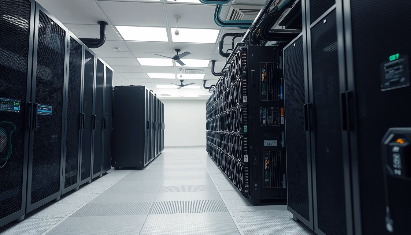 GPU cluster in cooling data center in editorial style