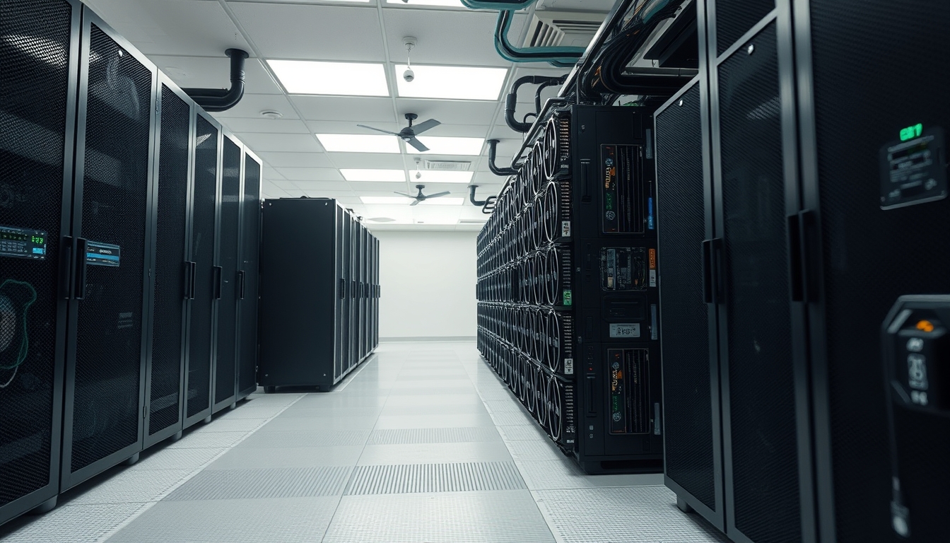 Cluster de GPUs em data center refrigerado em estilo editorial