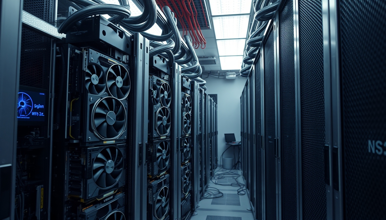 Cluster de GPUs em data center refrigerado em estilo editorial