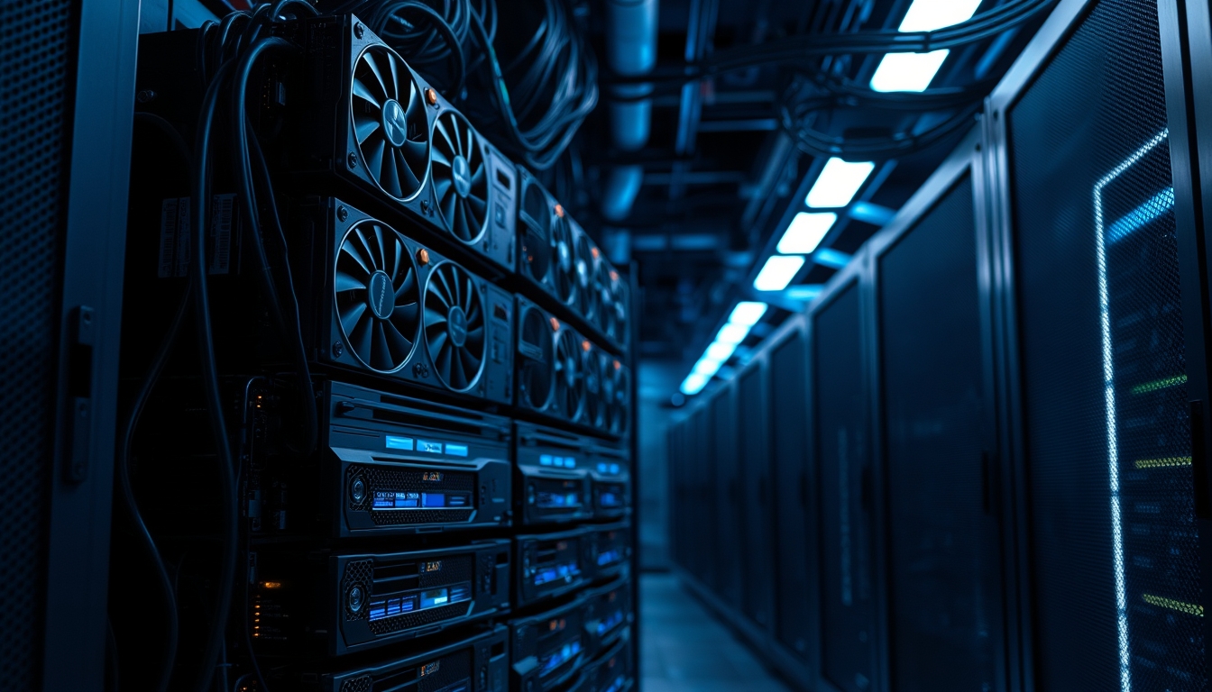 Cluster de GPUs em data center refrigerado em estilo editorial