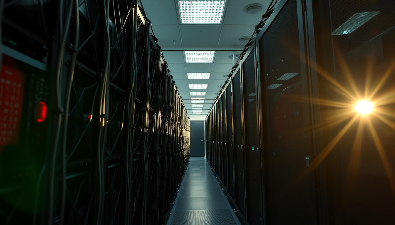 Cluster de GPUs em data center refrigerado em estilo editorial