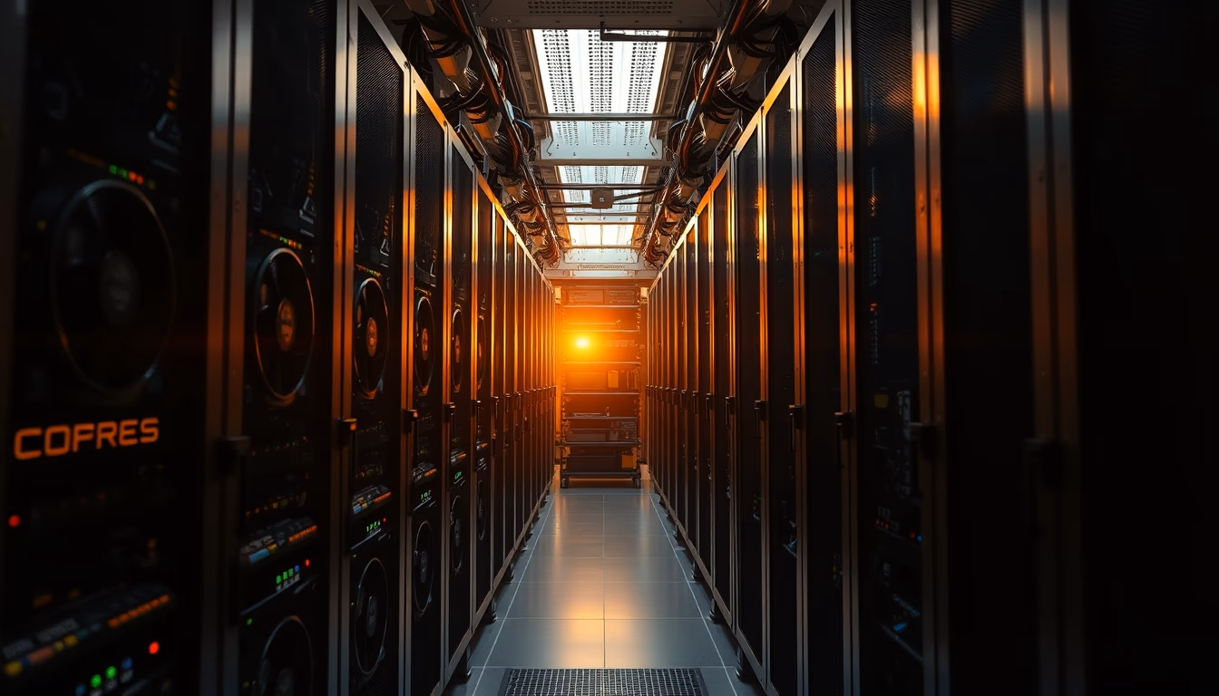 GPU cluster in cooling data center in editorial style