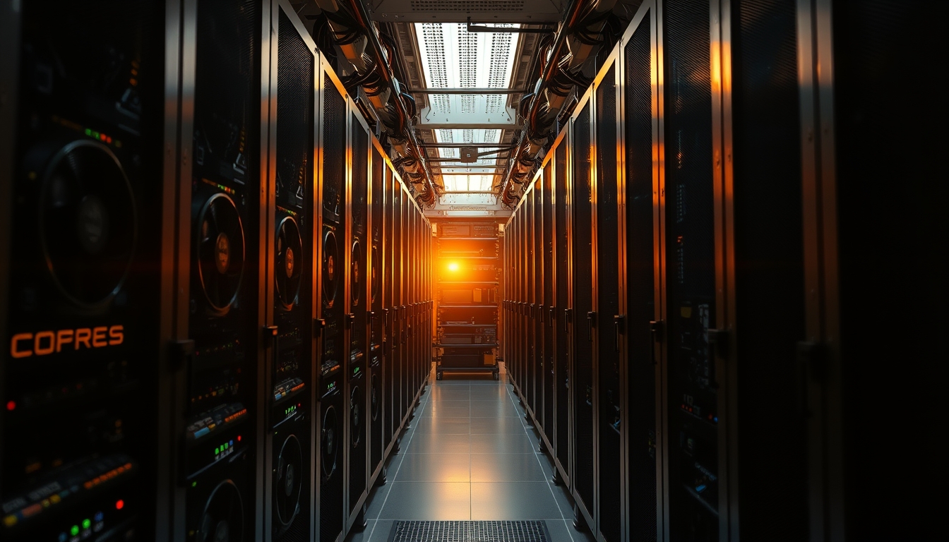 Cluster de GPUs em data center refrigerado em estilo editorial