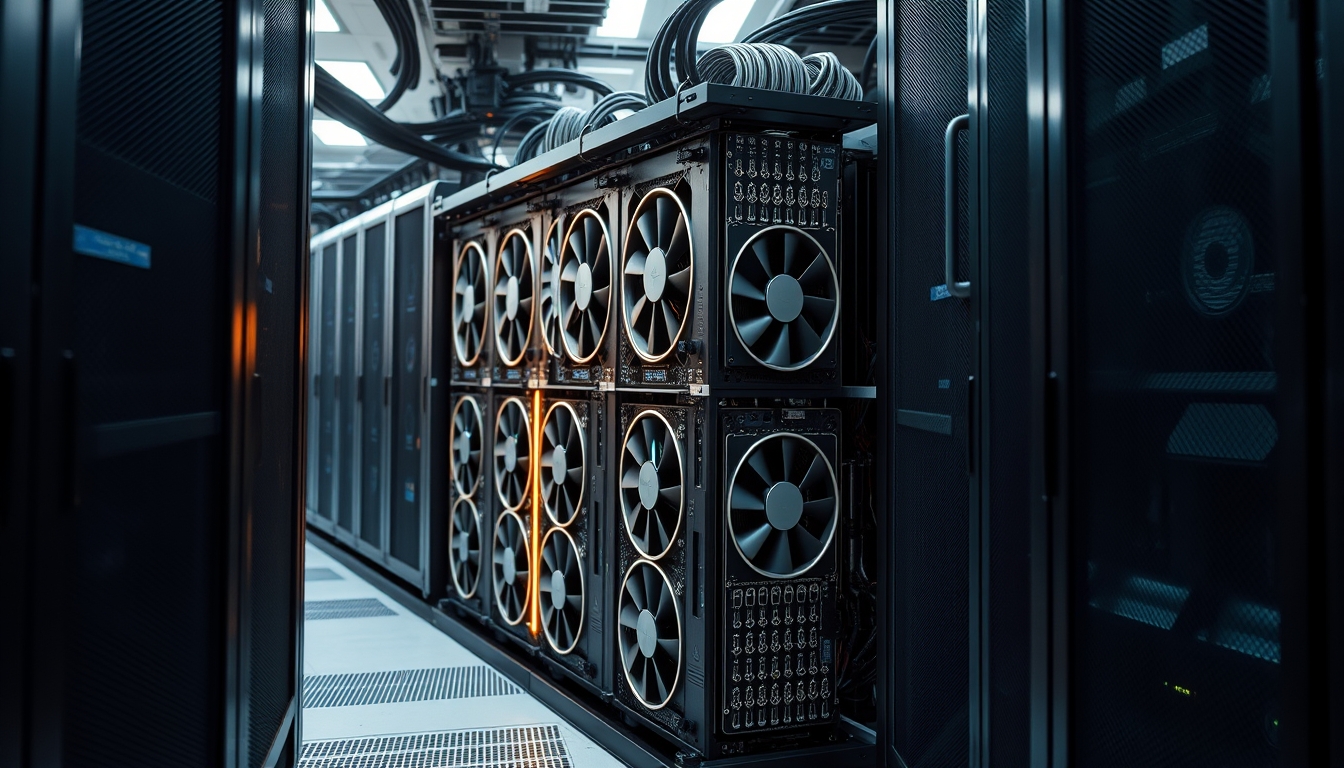 Cluster de GPUs em data center refrigerado em estilo editorial