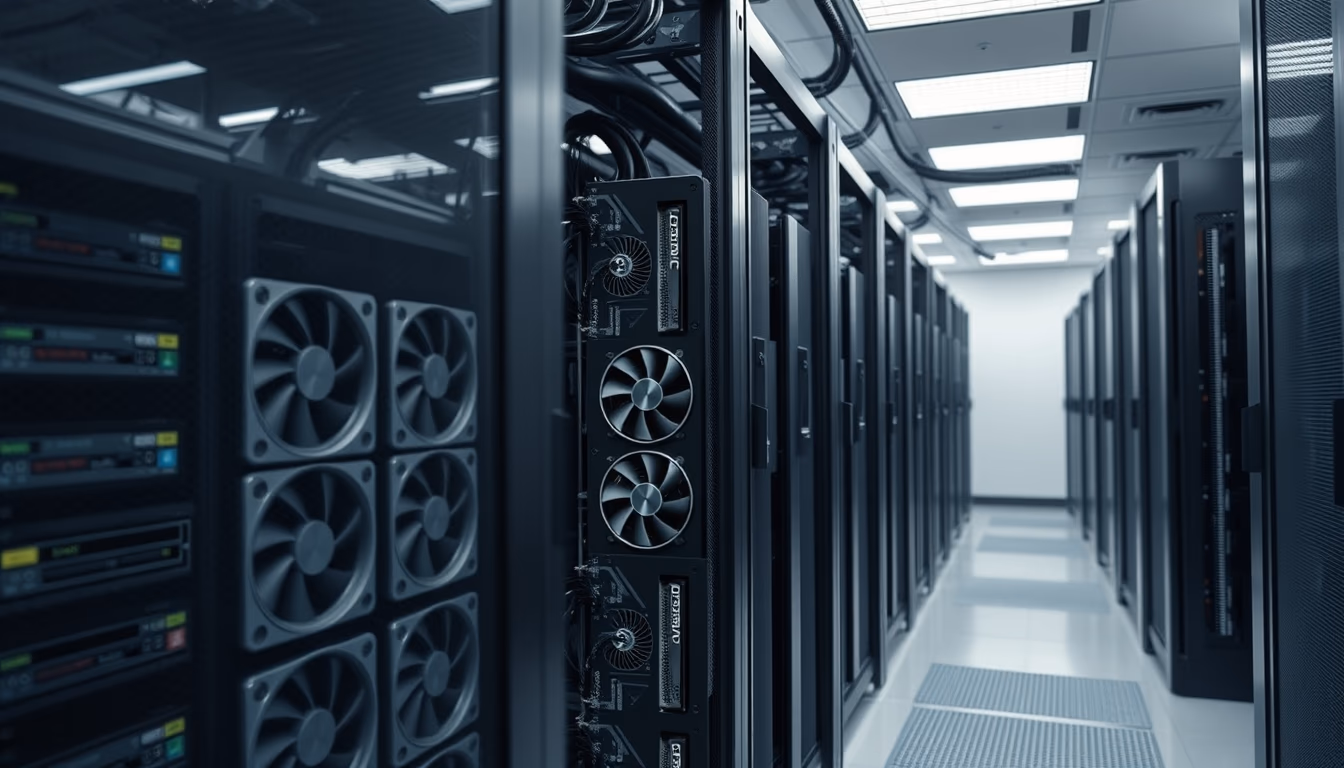 GPU cluster in cooling data center in editorial style