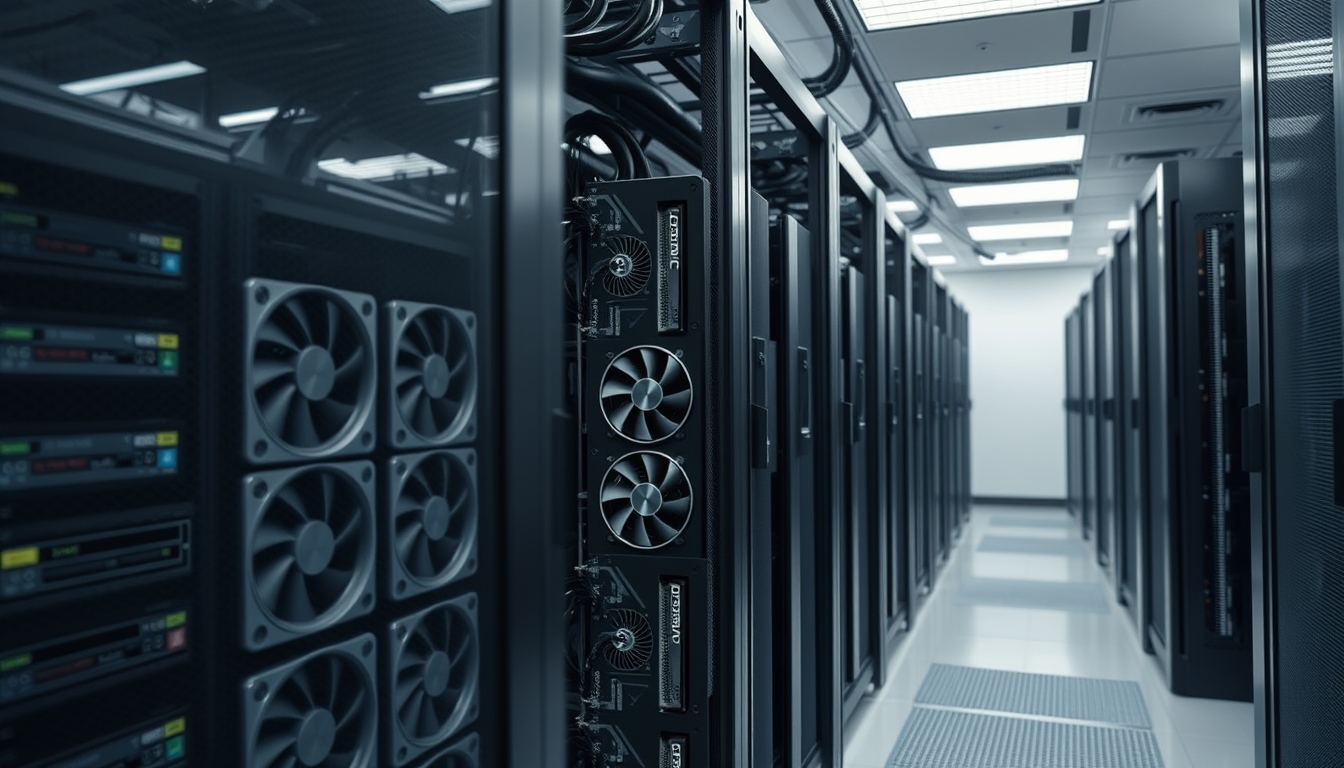 Cluster de GPUs em data center refrigerado em estilo editorial