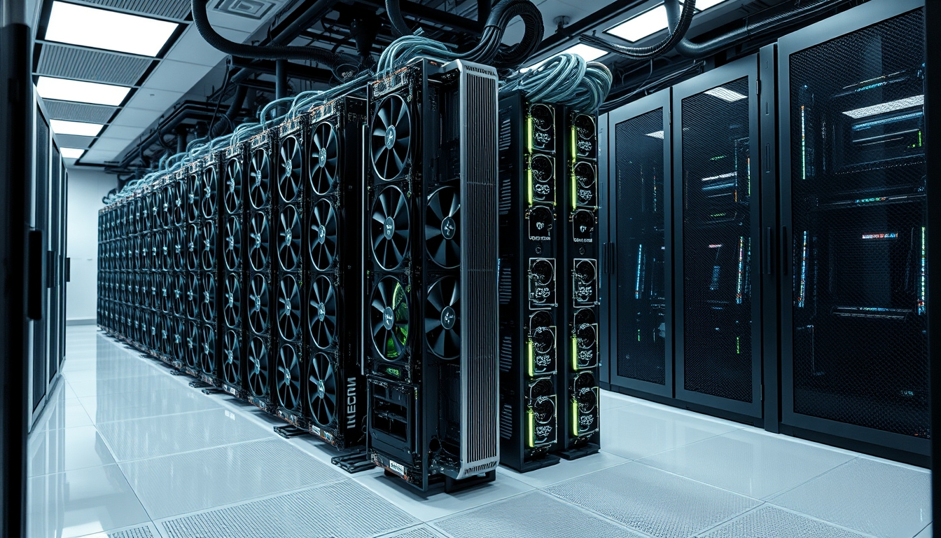 Cluster de GPUs em data center refrigerado em estilo editorial