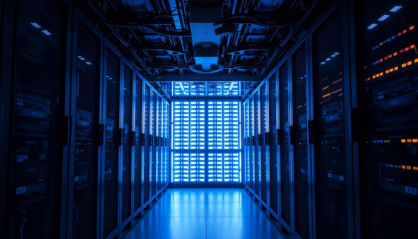 GPU cluster in cooling data center in editorial style