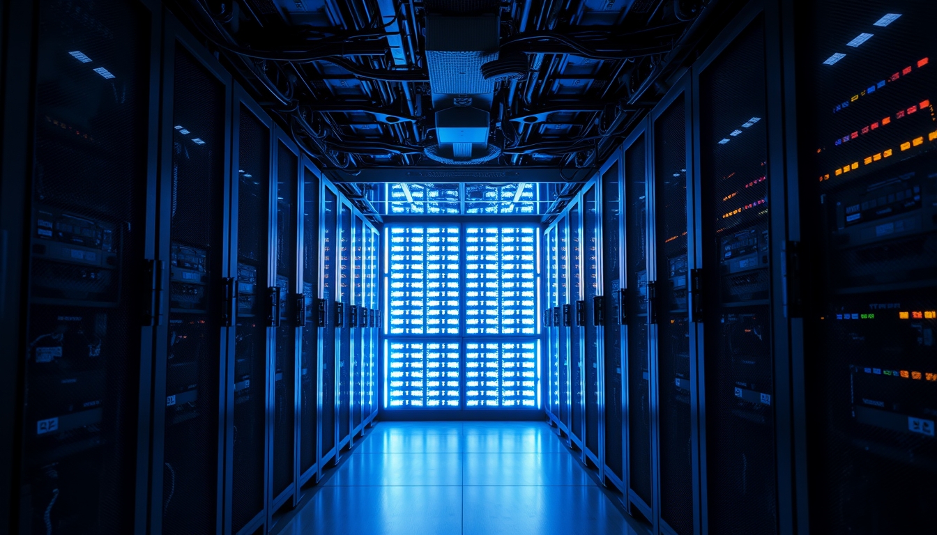 Cluster de GPUs em data center refrigerado em estilo editorial