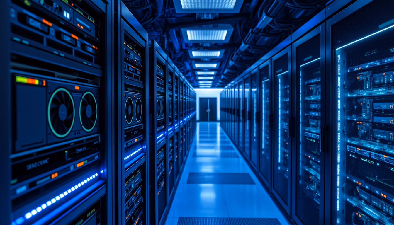 GPU cluster row in data center in editorial style