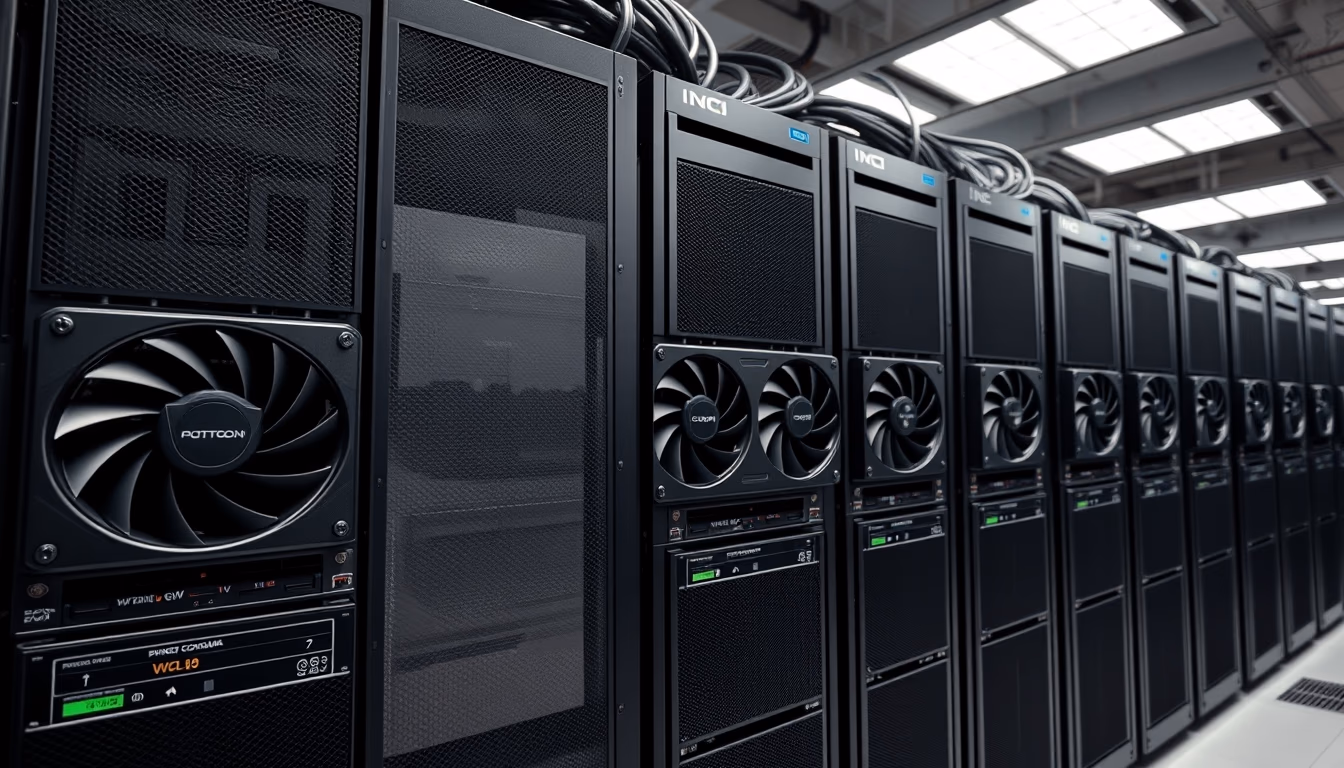 Cluster de GPUs row in data center em estilo editorial
