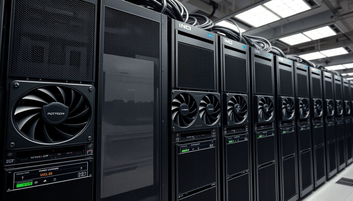 GPU cluster row in data center in editorial style
