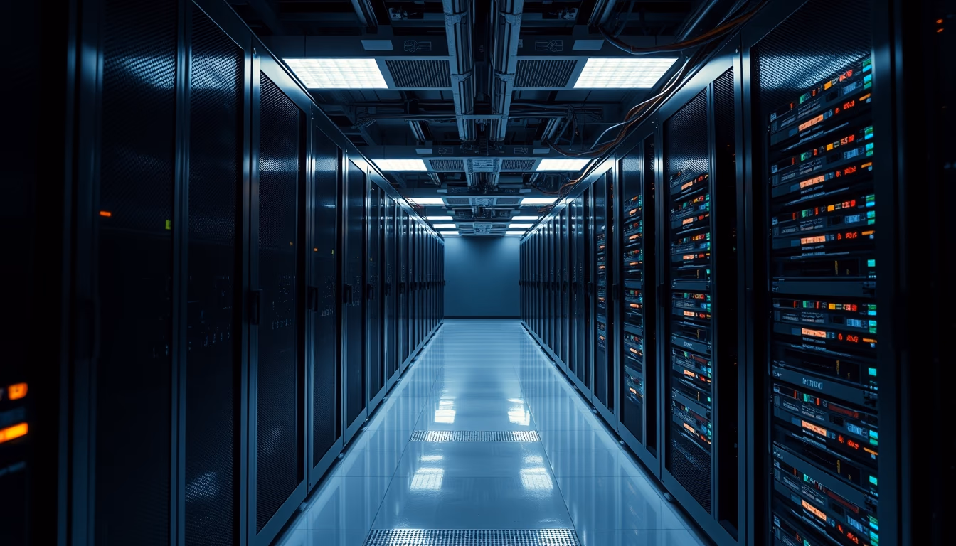 Cluster de GPUs row in data center em estilo editorial