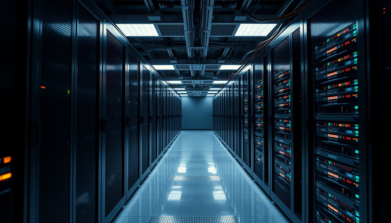 GPU cluster row in data center in editorial style