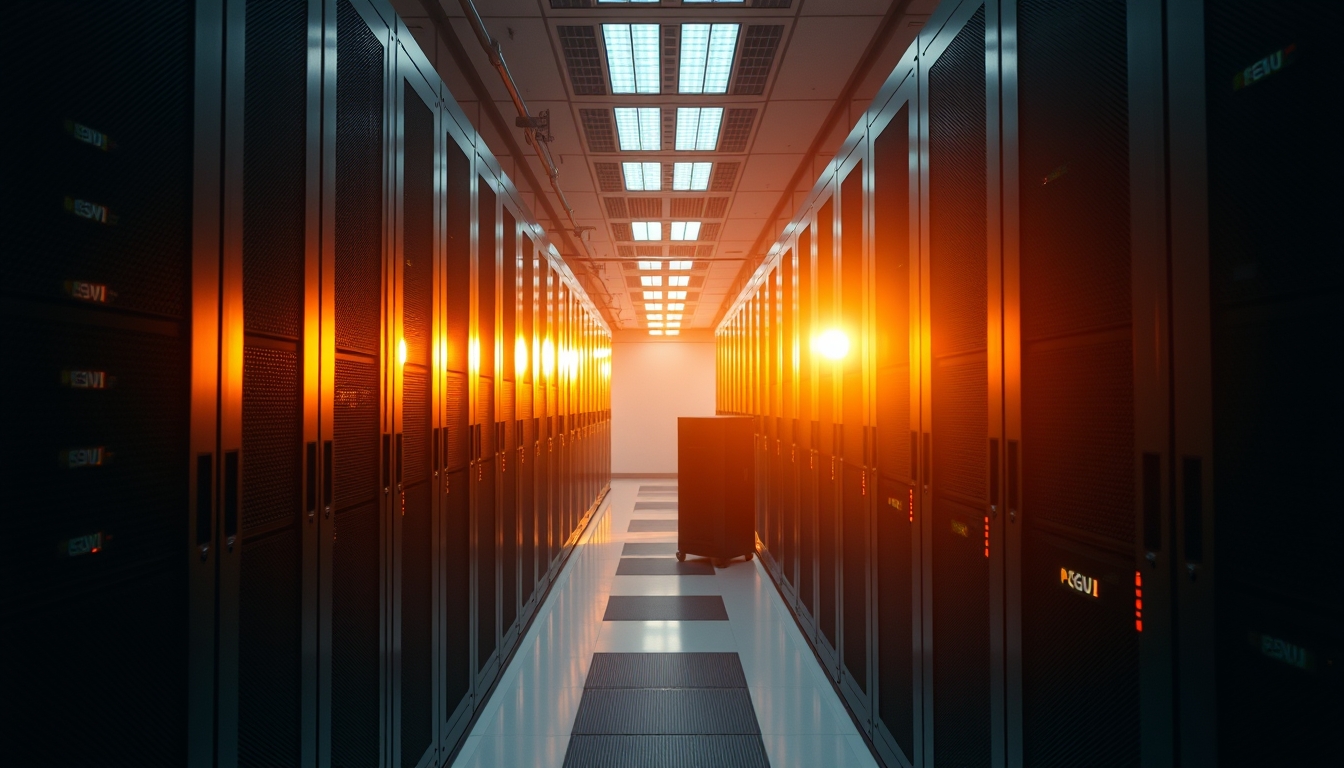 GPU cluster row in data center in editorial style