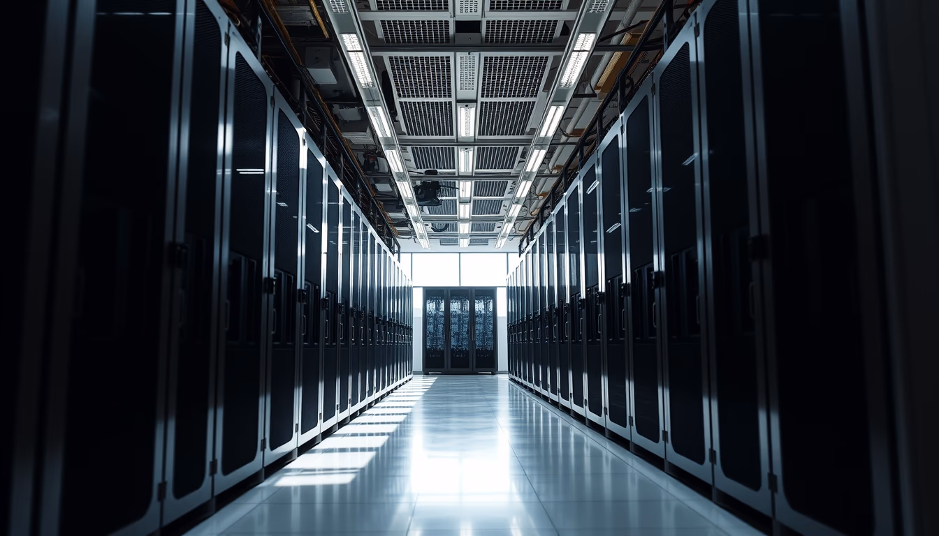 Cluster de GPUs row in data center em estilo editorial