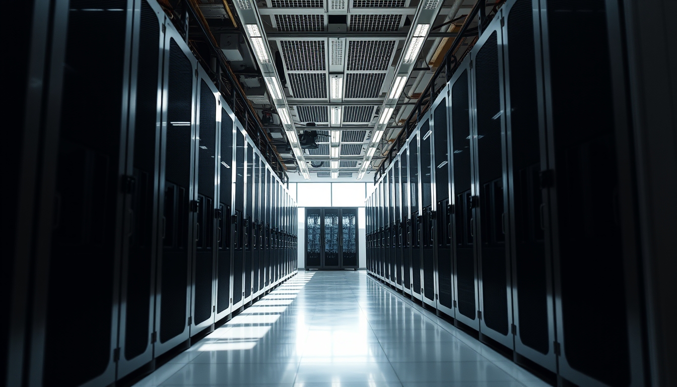 GPU cluster row in data center in editorial style