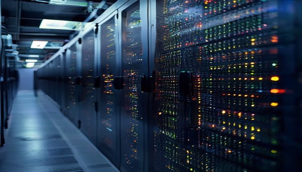 GPU cluster row in data center in editorial style