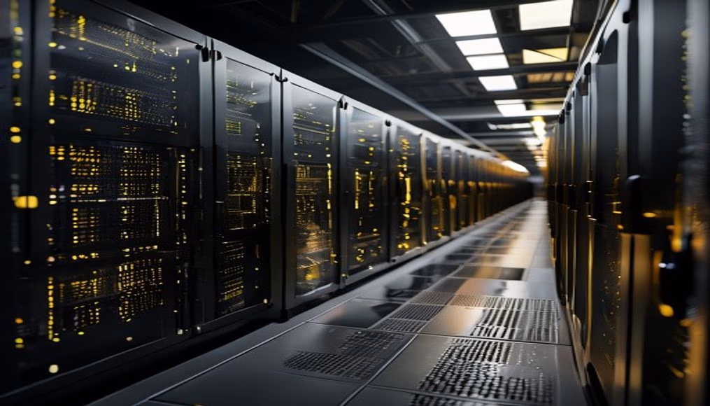 GPU cluster row in data center in editorial style