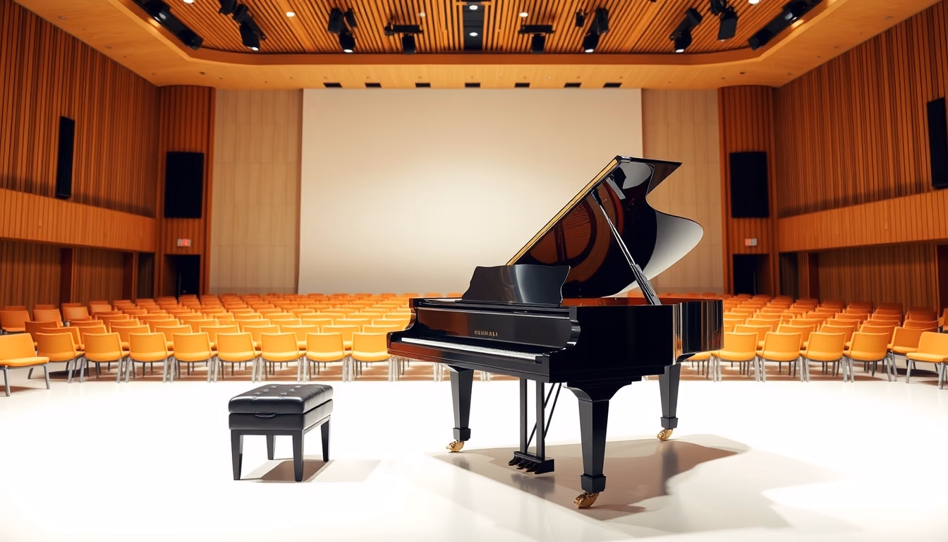 grand piano in concert hall in editorial style