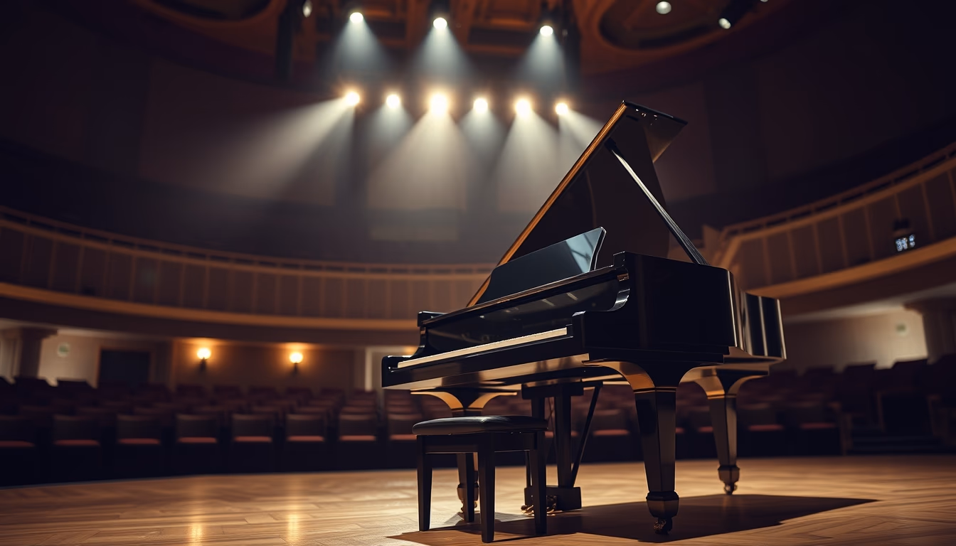Piano de cauda in concert hall em estilo editorial