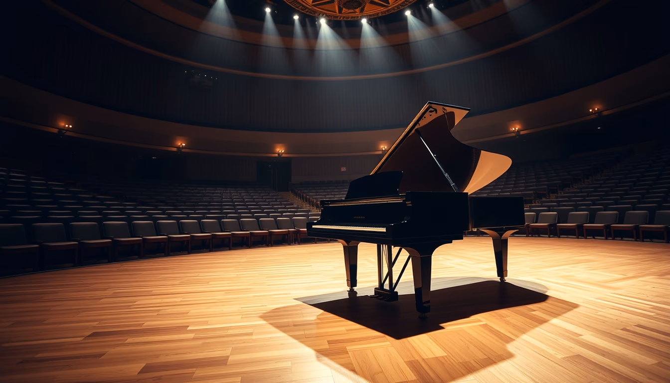 grand piano in concert hall in editorial style