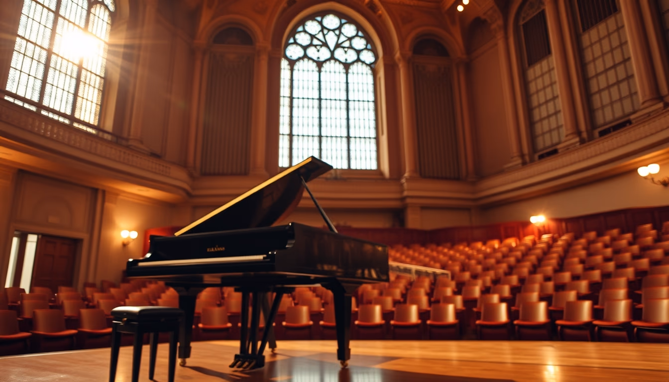 grand piano in concert hall in editorial style