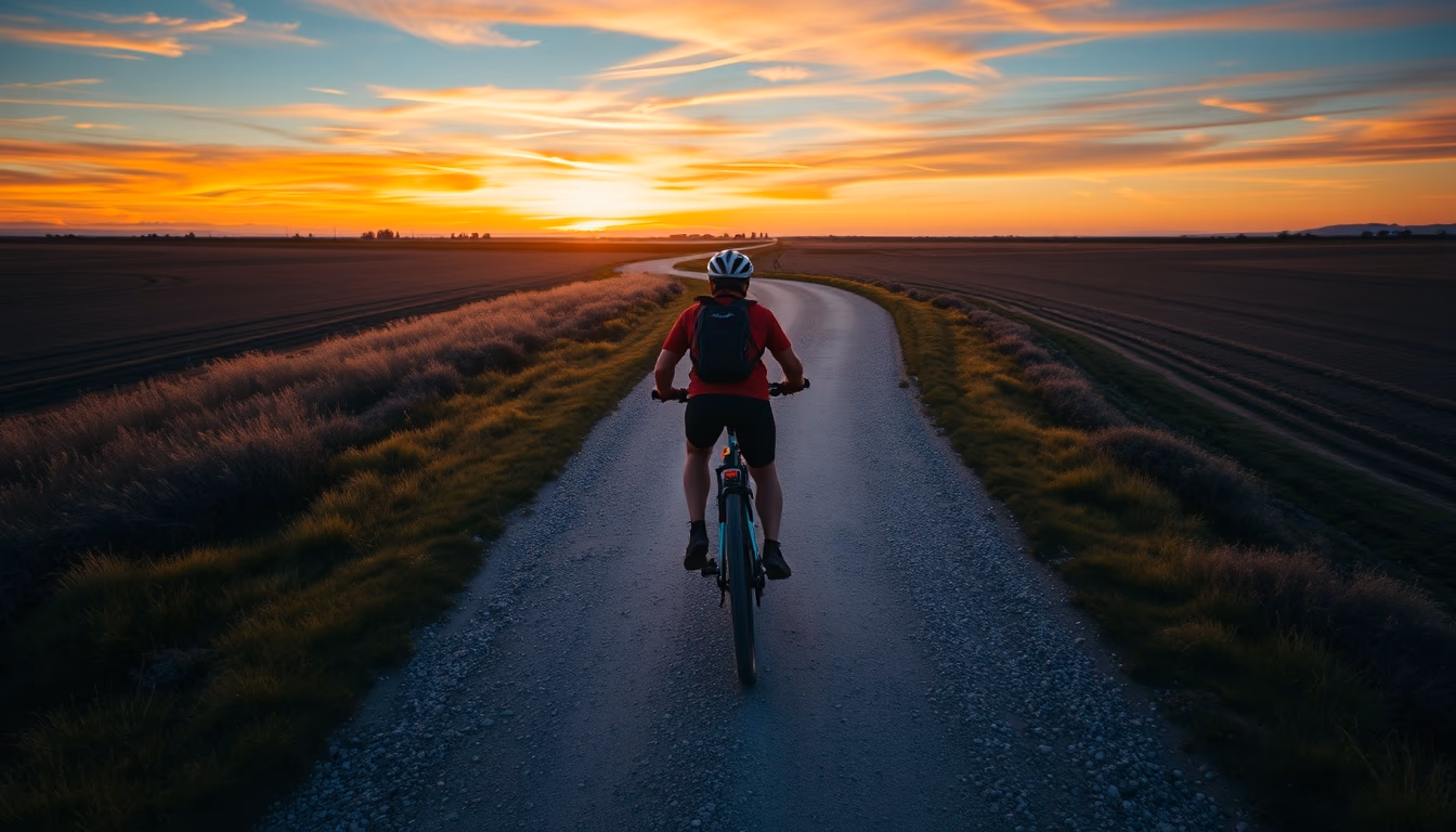 gravel bike sunset road in editorial style