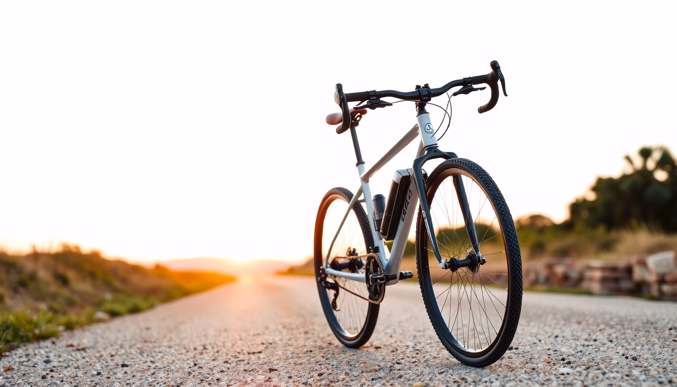 gravel bike sunset road in editorial style