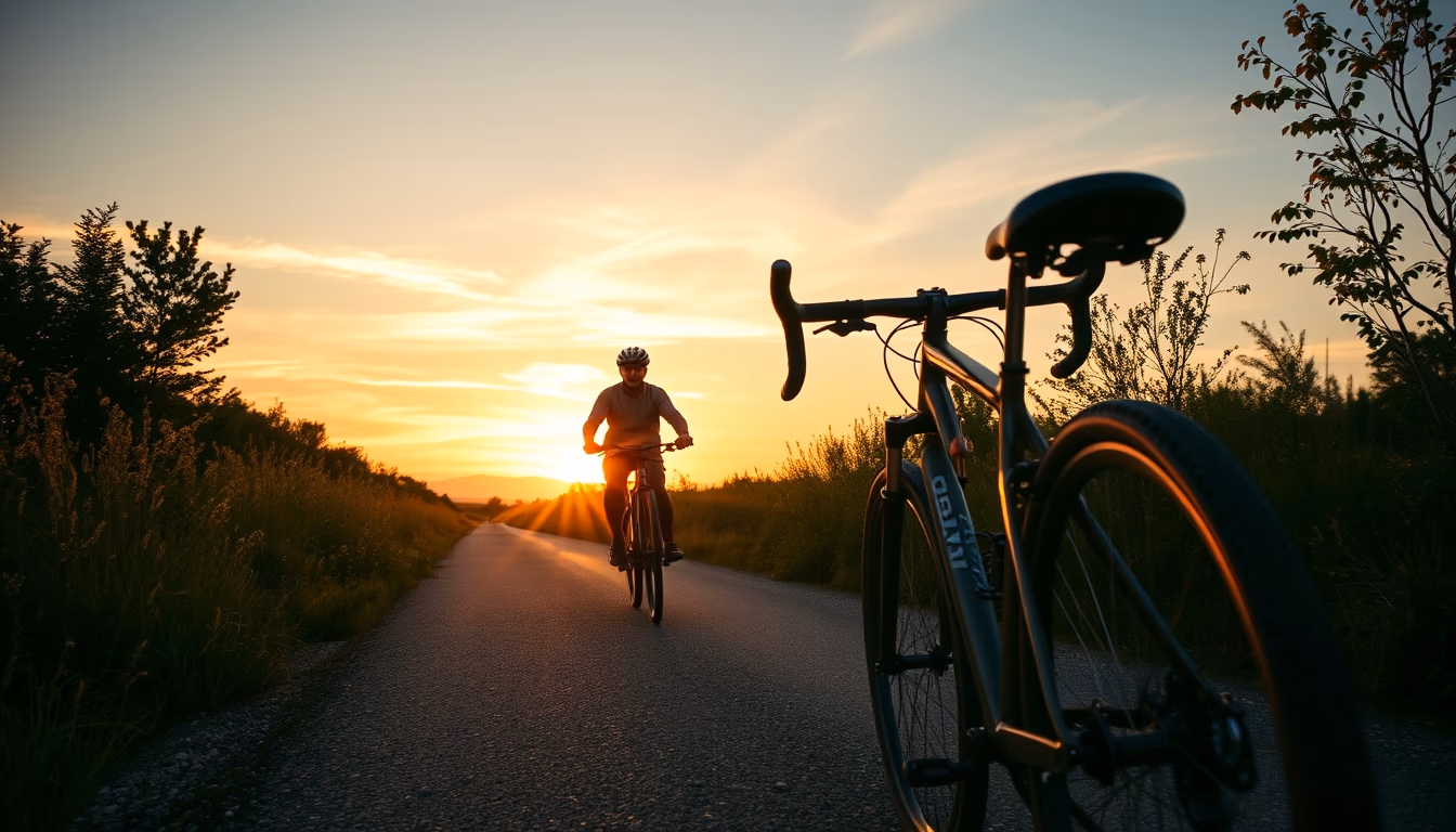 gravel bike sunset road in editorial style