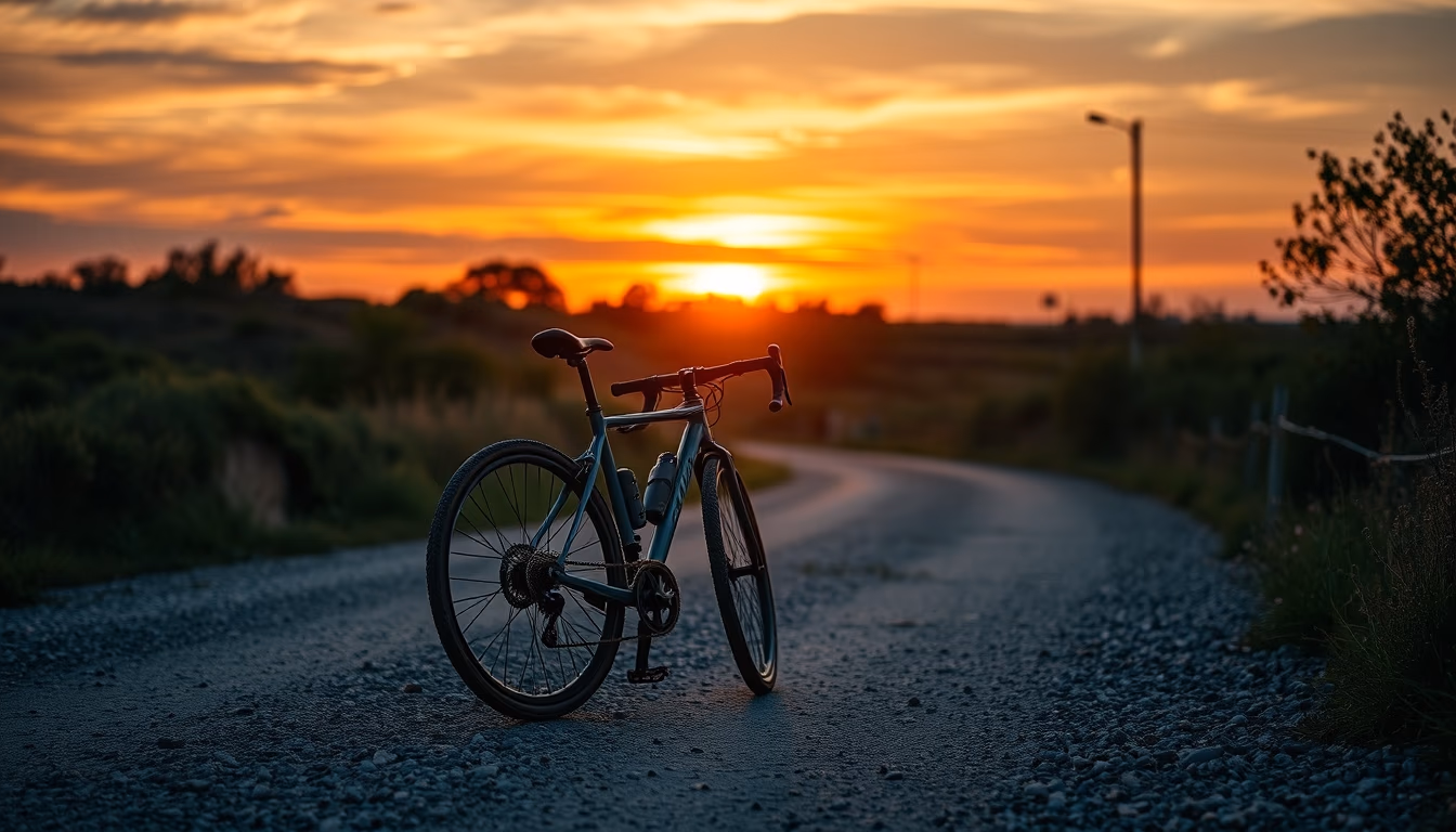 gravel bike sunset road in editorial style