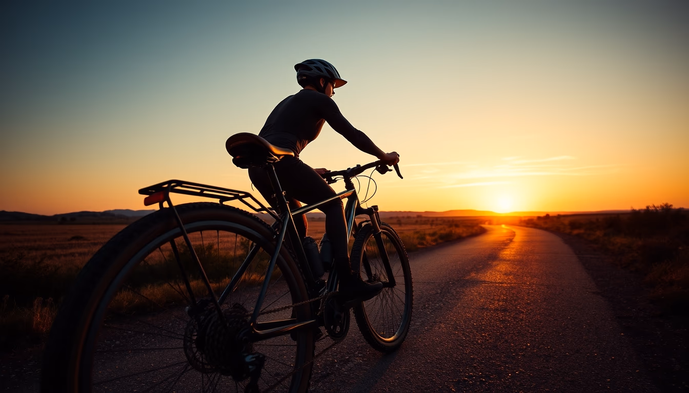 gravel bike sunset road in editorial style