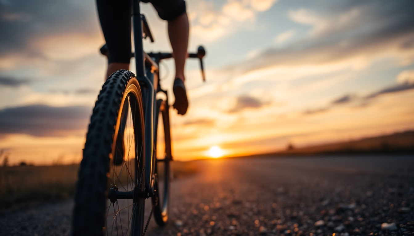gravel bike sunset road in editorial style