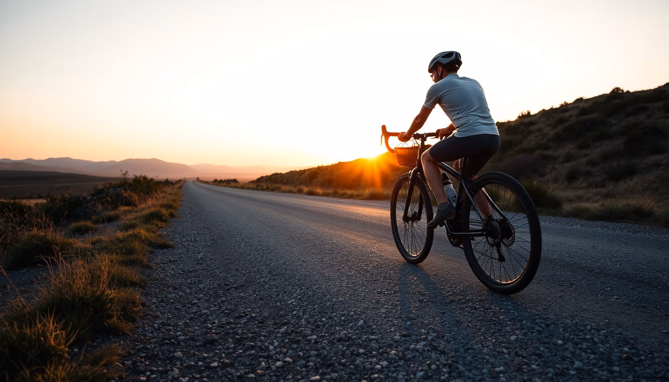 gravel bike sunset road in editorial style