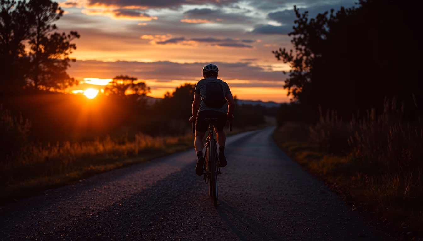 gravel bike sunset road in editorial style