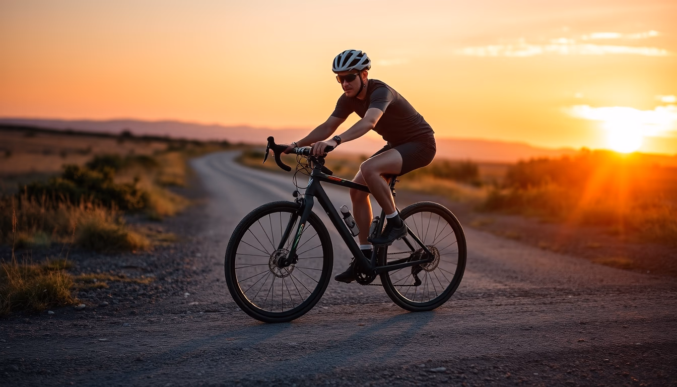 gravel bike sunset road in editorial style